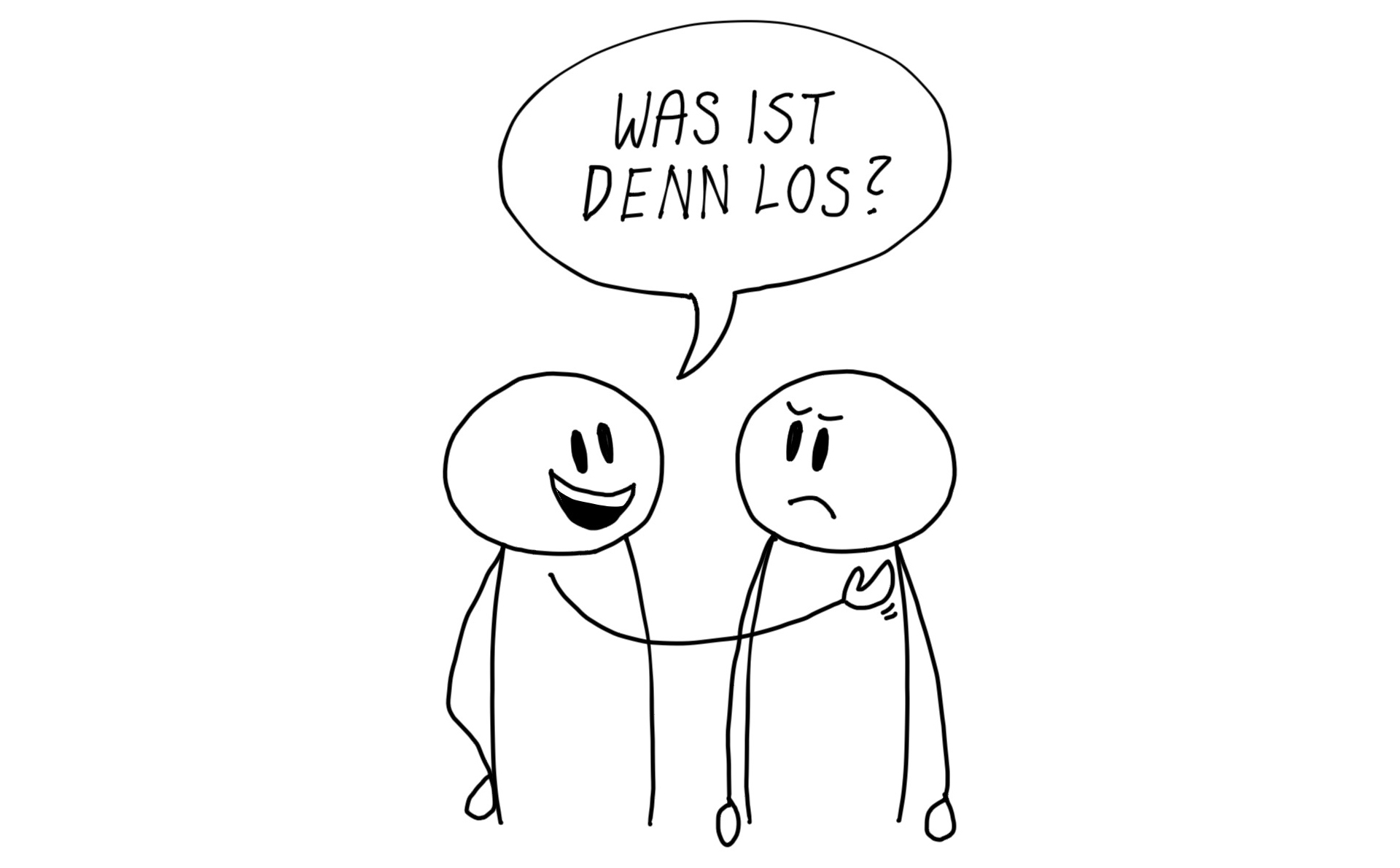 Illustration zum Thema „Störungen haben Vorrang“: Eine Person fragt eine bedrückte Person „Was ist denn los?“